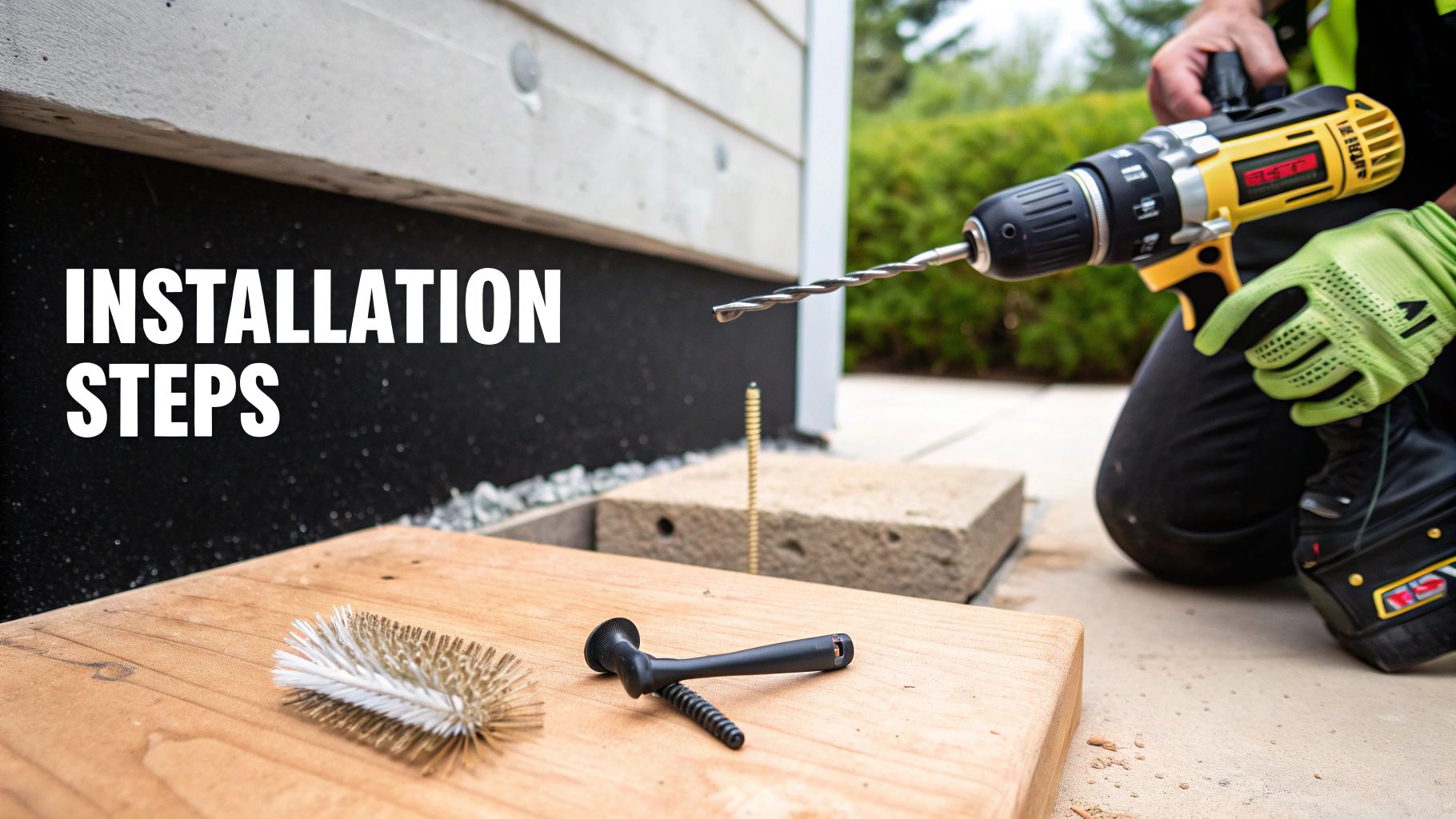 A person drills into a concrete foundation with a power drill, showing installation tools and steps.