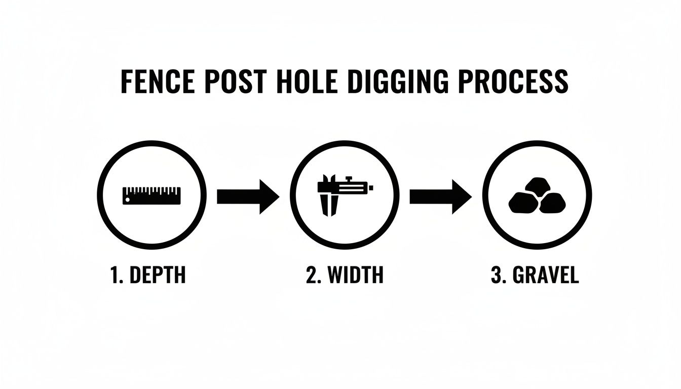 A diagram illustrating the fence post hole digging process: 1. Depth (ruler), 2. Width (caliper), 3. Gravel.
