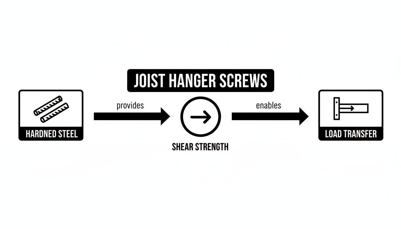 Diagram illustrating how joist hanger screws, made of hardened steel, provide shear strength for effective load transfer.