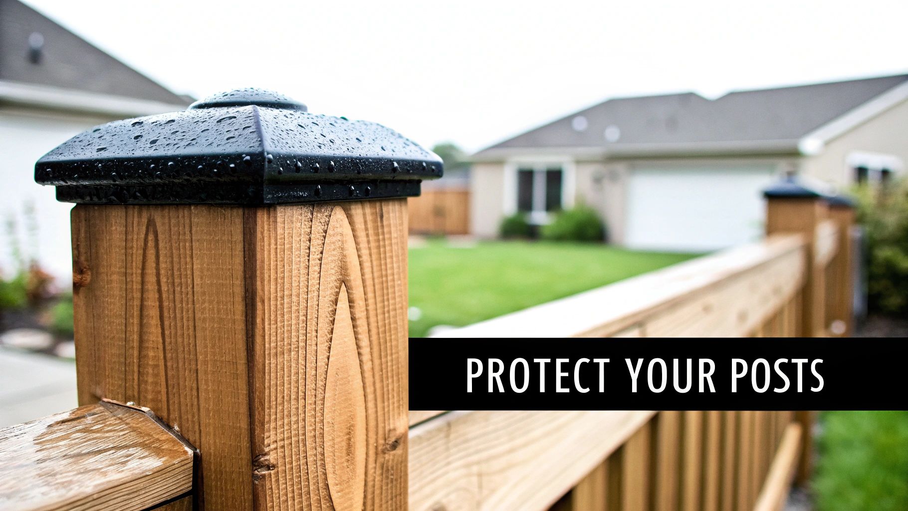 Close-up of a wooden fence post with a black, rain-covered cap, protecting the wood.