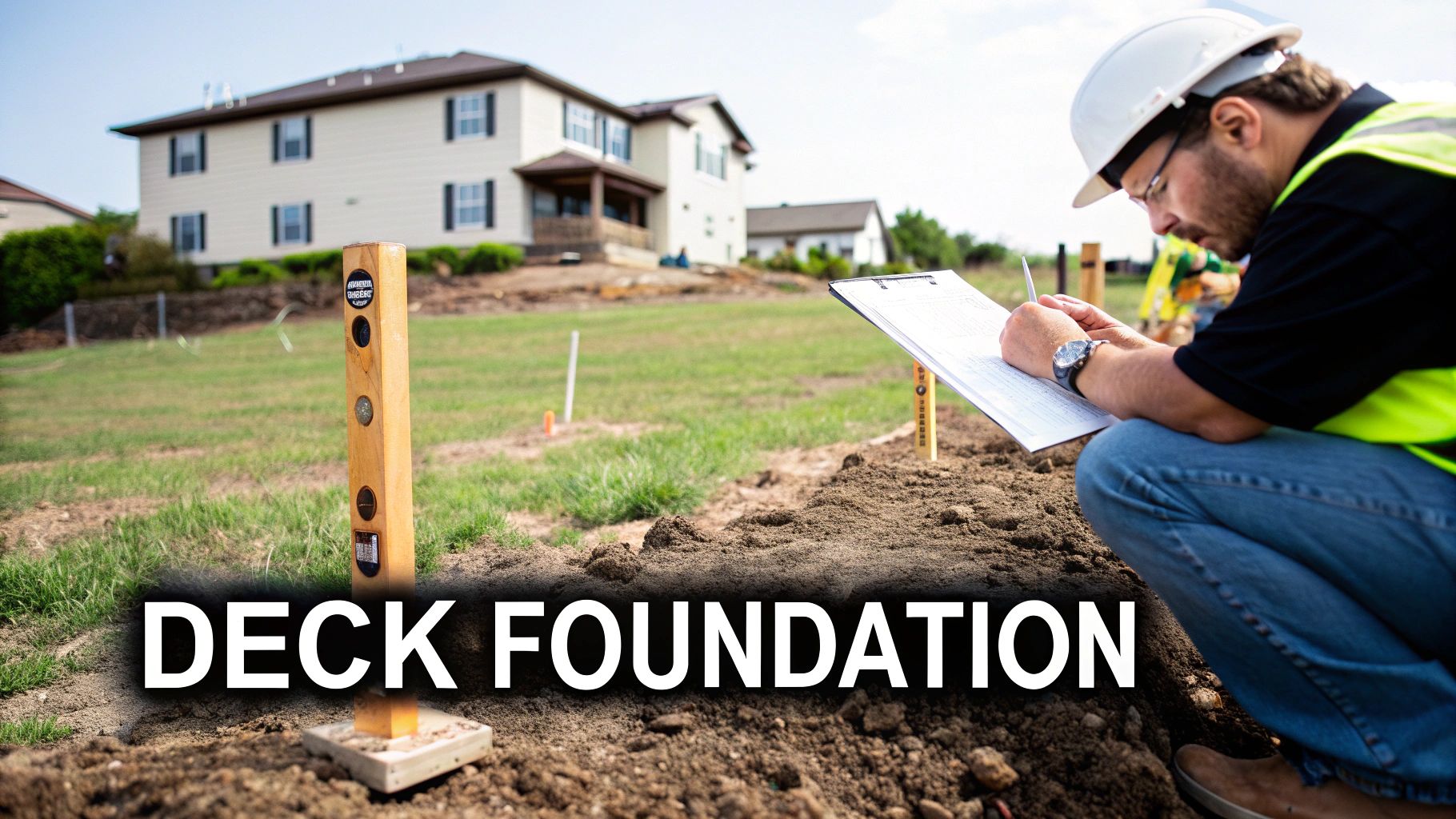 A construction worker reviews plans next to a wooden survey post for a deck foundation.
