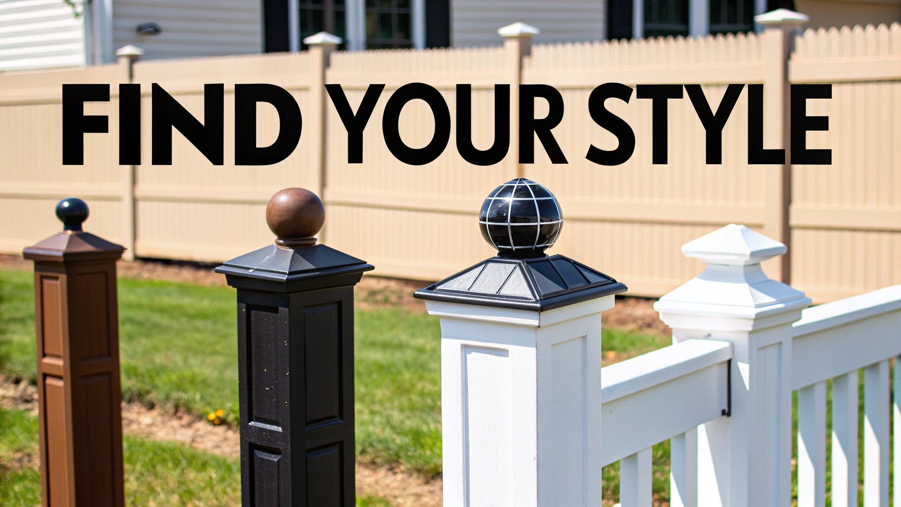 Three distinct fence post styles, brown, black, and white, with decorative caps, promoting finding your perfect look.
