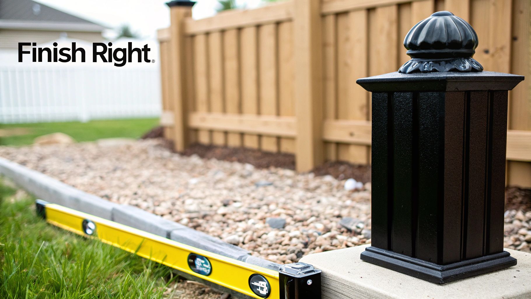 Black decorative fence post installed on a concrete base, with a spirit level tool nearby.