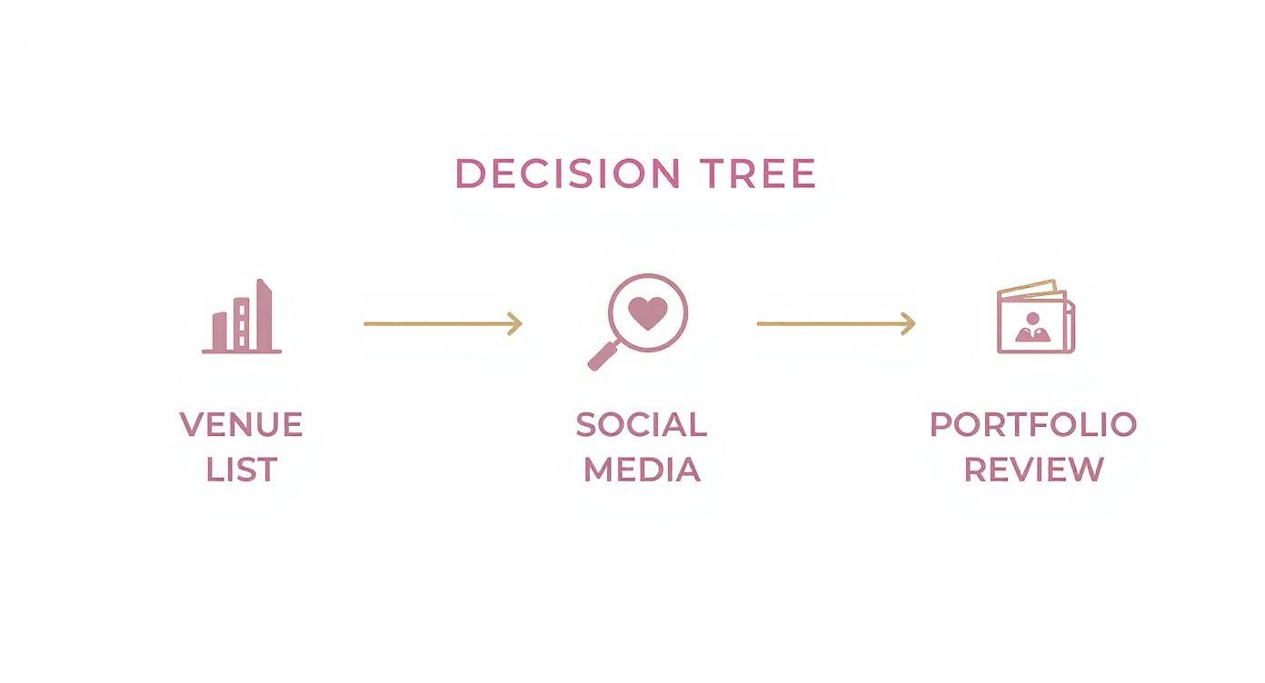 Infographic showing a decision tree for finding a wedding planner, starting with venue lists, then social media, and finally portfolio review.