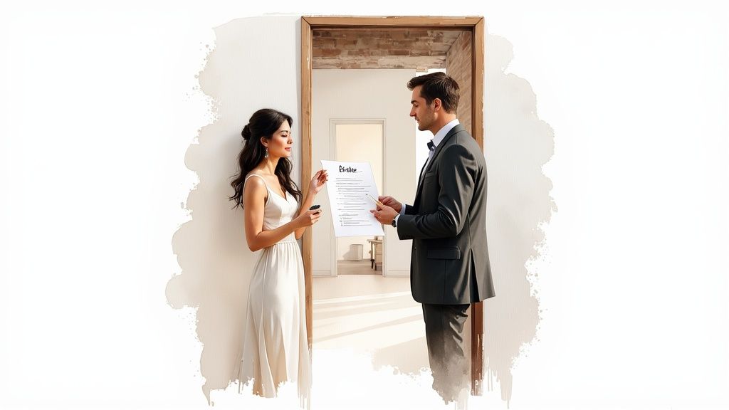 A couple taking a tour of a potential wedding venue with a planner.