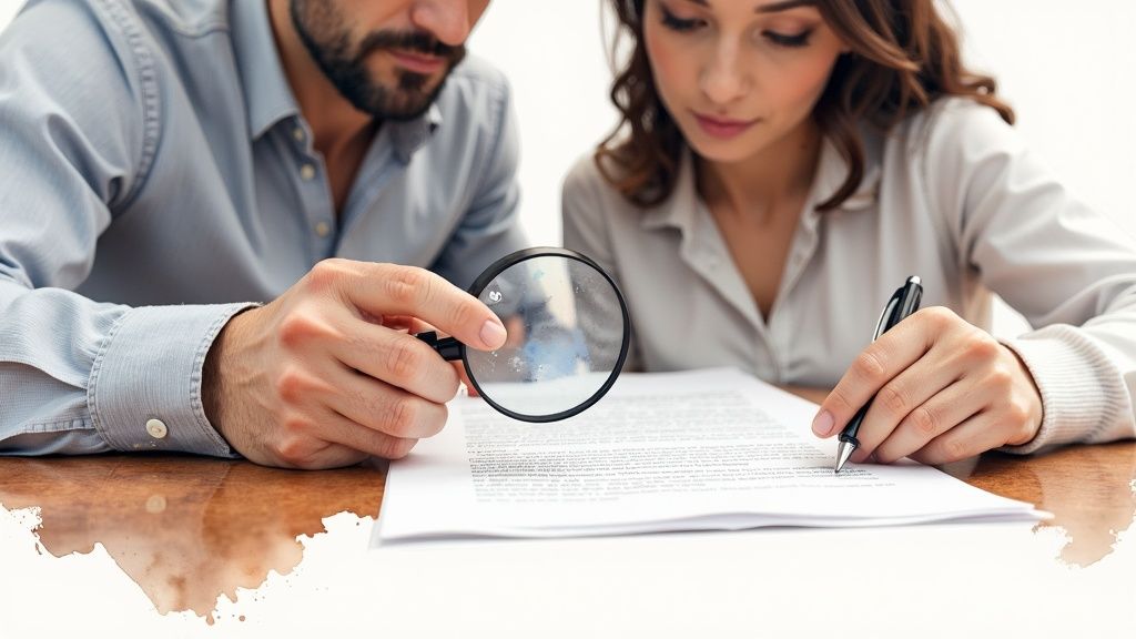 Couple looking thoughtfully at a wedding planning document with a scenic background