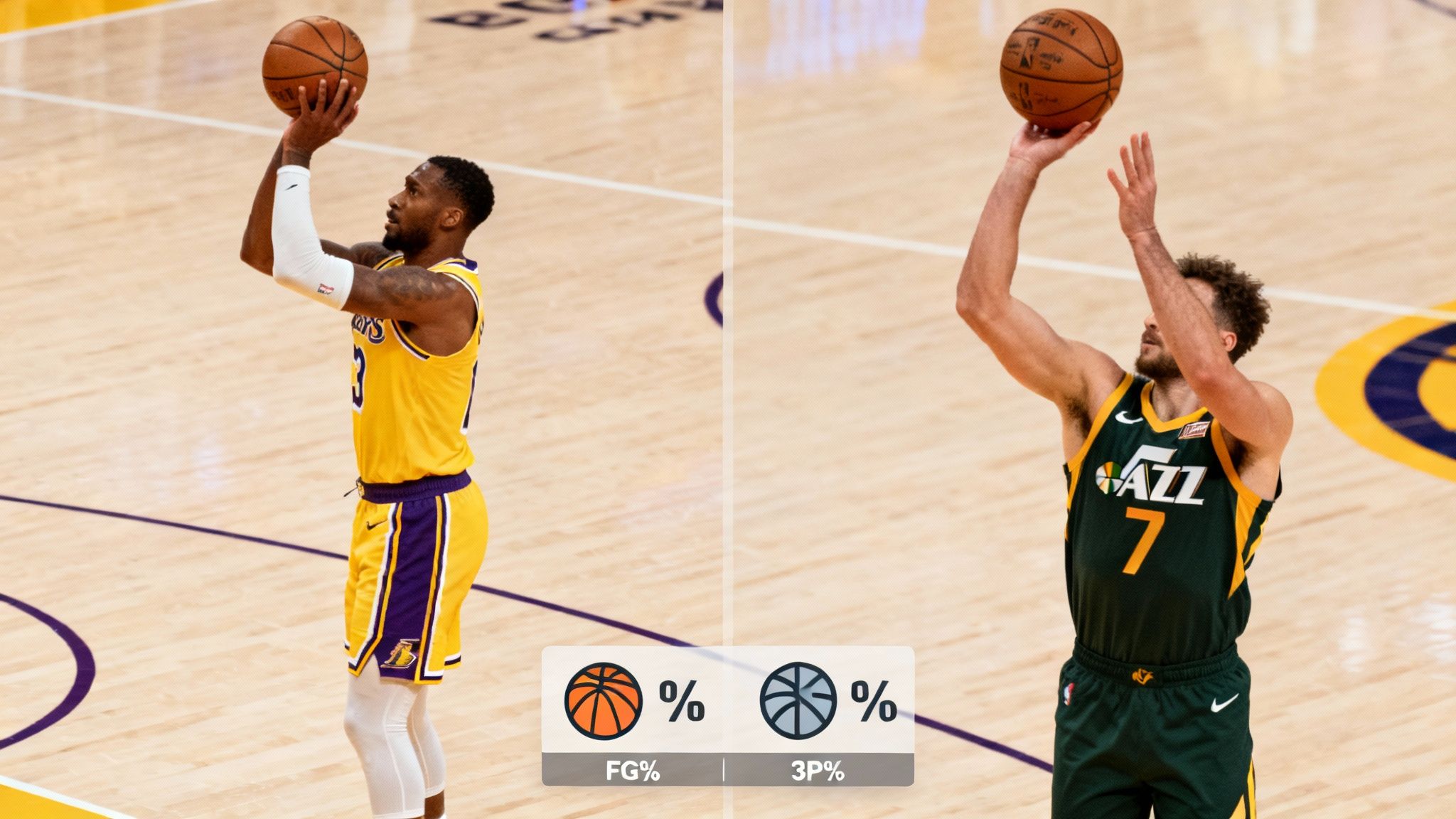 Basketball players from the Lakers and Jazz teams in mid-air, with one player about to shoot a layup.