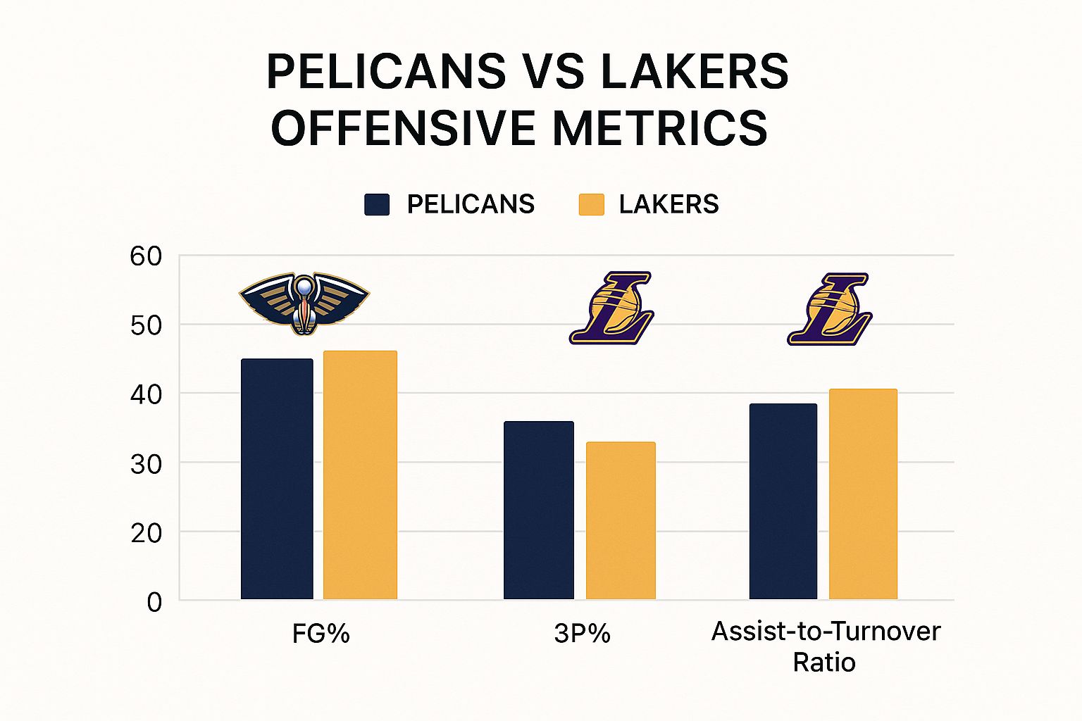 | Infographic showing a side-by-side comparison of offensive metrics like FG%, 3P%, and Assist-to-Turnover Ratio for the Pelicans and Lakers.