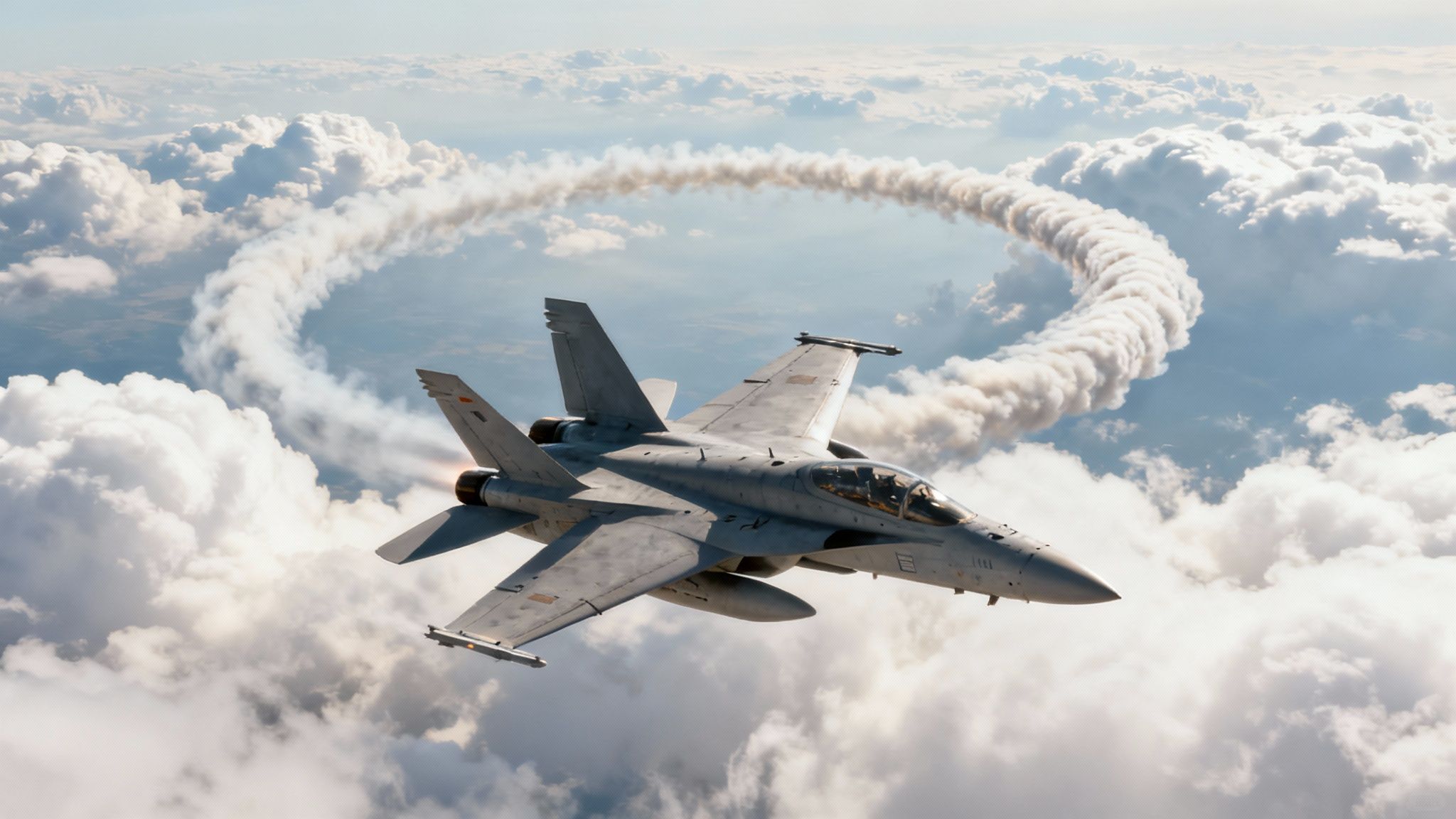 A fighter jet performing an aerial maneuver against a blue sky