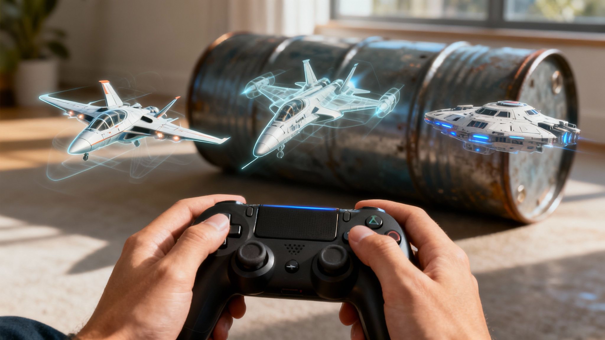 A futuristic spaceship flying through a canyon in a video game