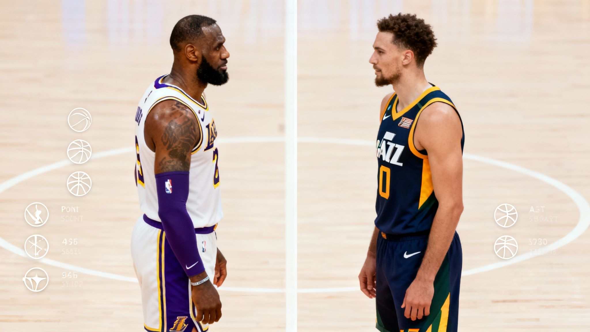 Basketball players from the Lakers and Jazz teams in the middle of a game.