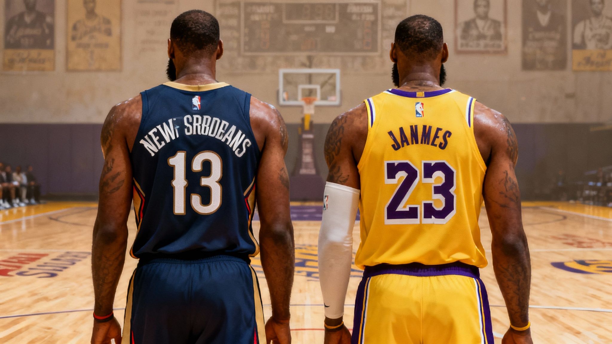 | A basketball player from the New Orleans Pelicans attempts a layup against a Los Angeles Lakers defender during a game