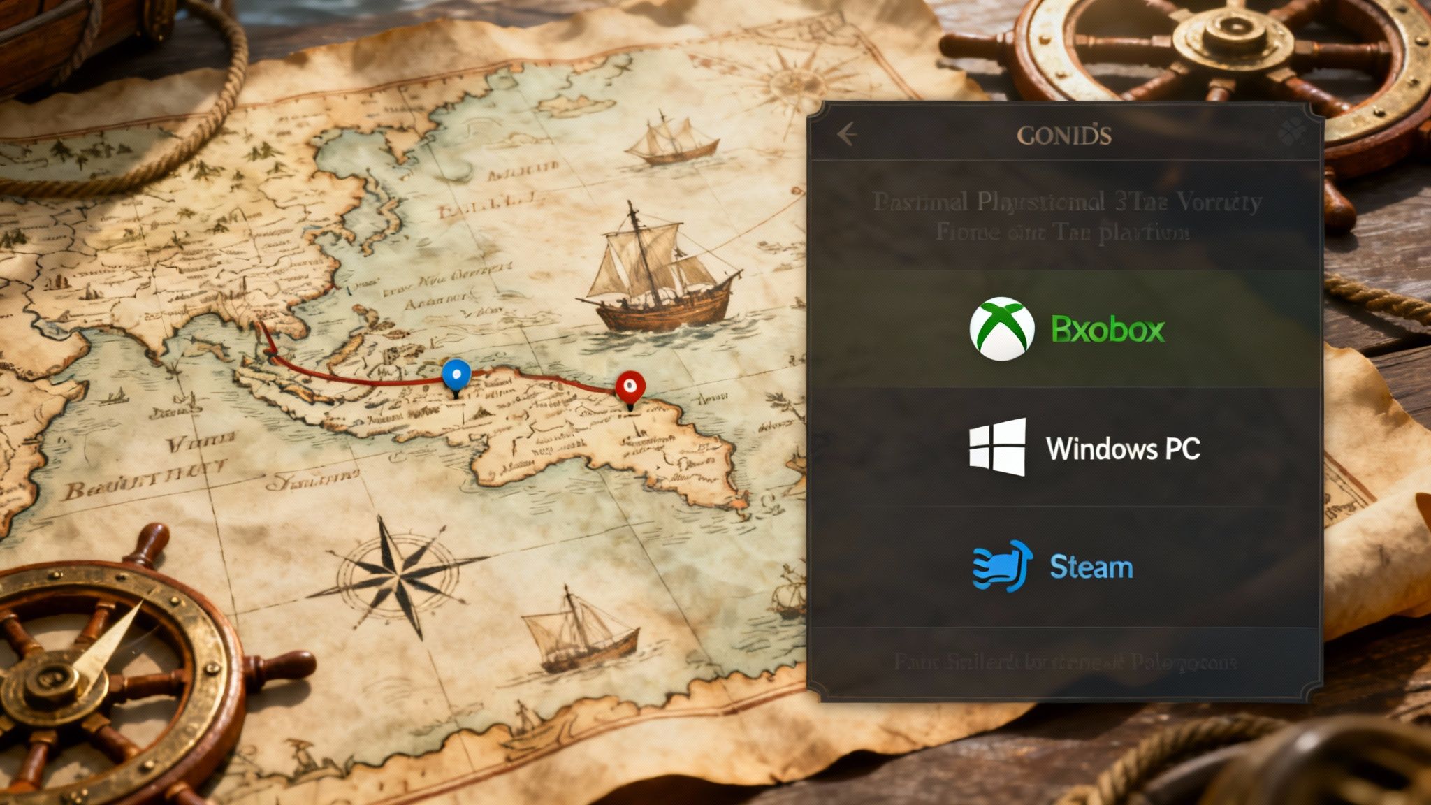 A pirate ship sails toward a mysterious, stormy island, ready for adventure.