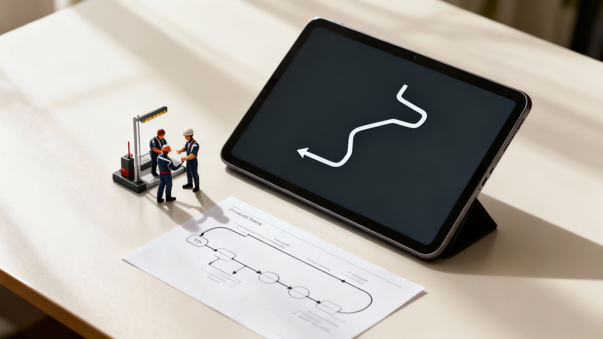 A desk with a laptop, notebook, and coffee, representing business planning