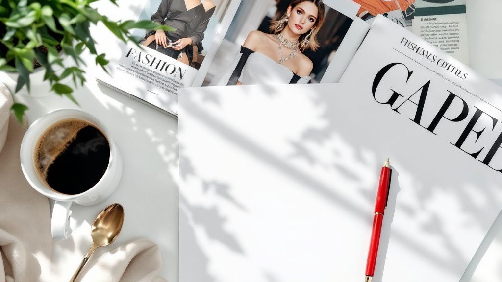 एक व्यक्ति लैपटॉप का उपयोग करके अपने सोशल मीडिया पर अपने नए प्रकाशित फैशन लेख का प्रचार करते हुए मुस्कुरा रहा है।