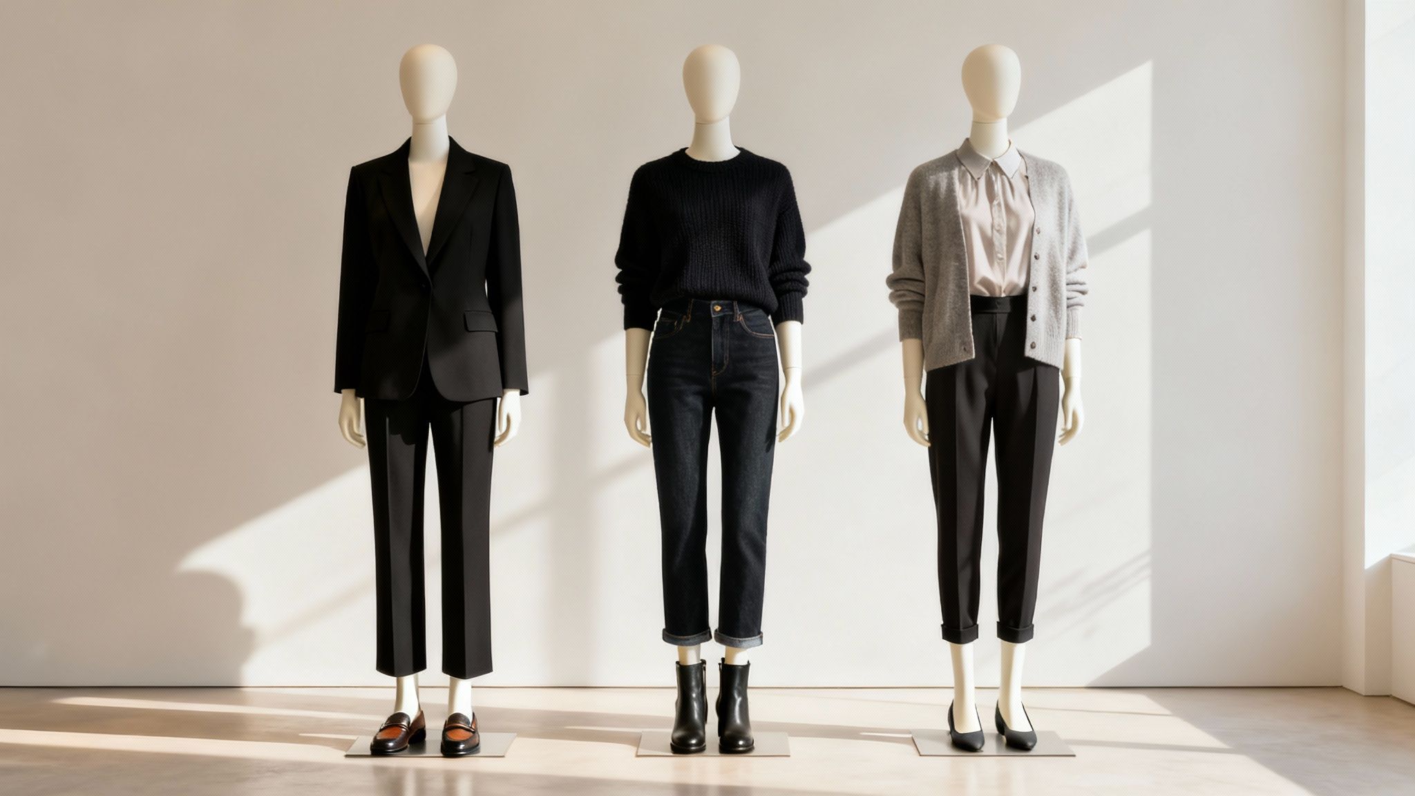 A woman confidently showcases a polished business casual outfit.