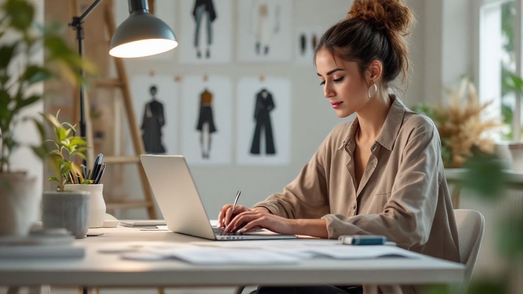 एक फैशन डिजाइनर अच्छी रोशनी वाली मेज पर नए कपड़ों का डिजाइन बना रहा है।