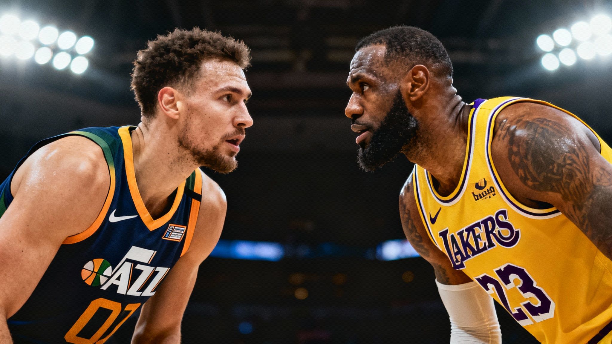 Two basketball players in a competitive matchup on the court