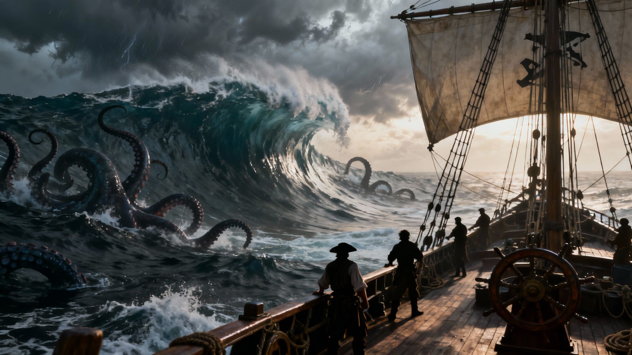 A pirate crew on their ship, looking out towards a mysterious, stormy island.