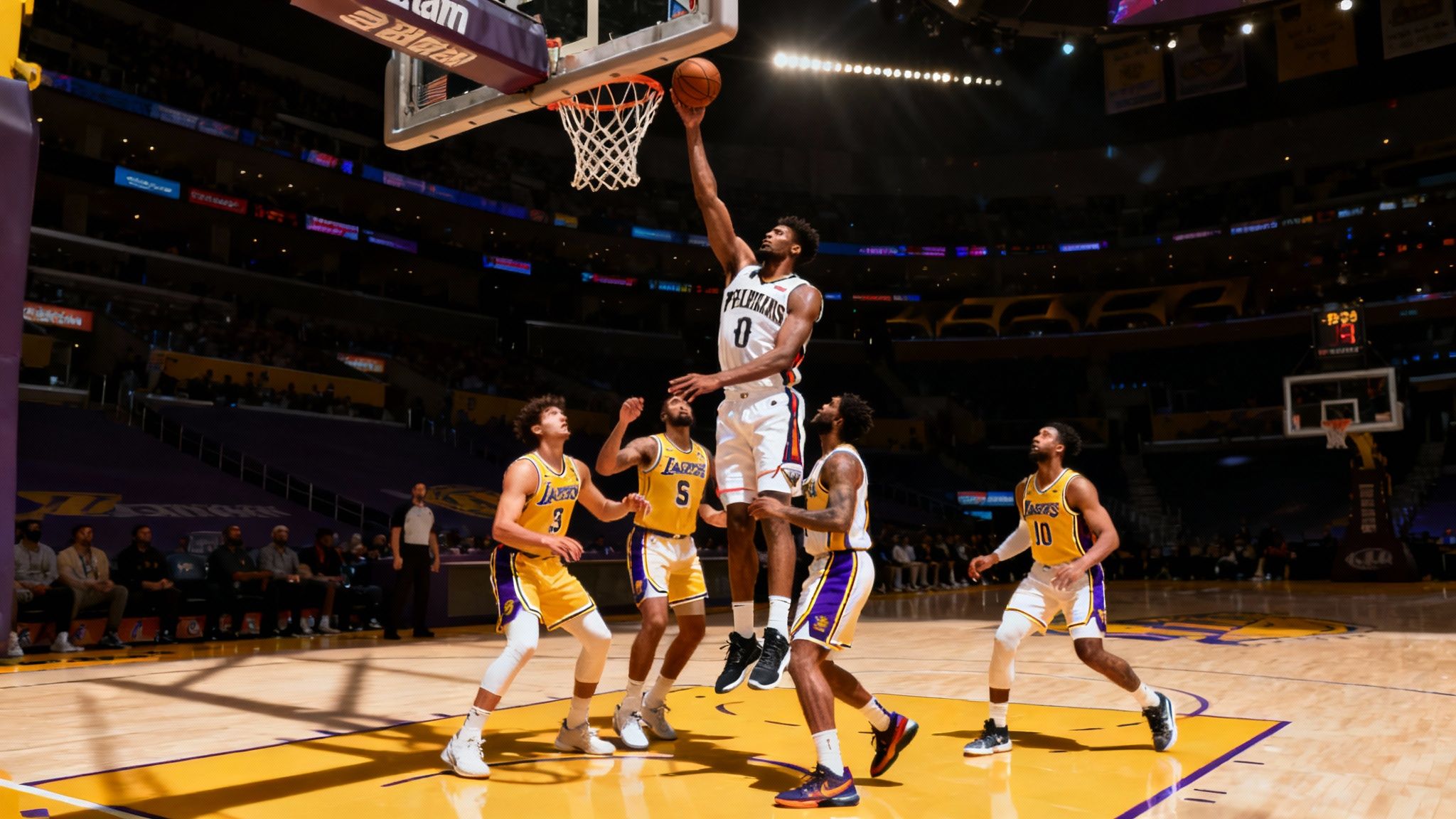 | A basketball player from the Los Angeles Lakers grabbing a rebound against a New Orleans Pelicans player