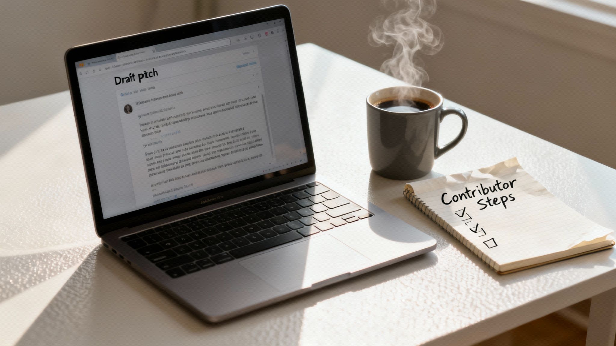A person typing on a laptop with a focused expression, representing a writer crafting a pitch for a digital magazine.