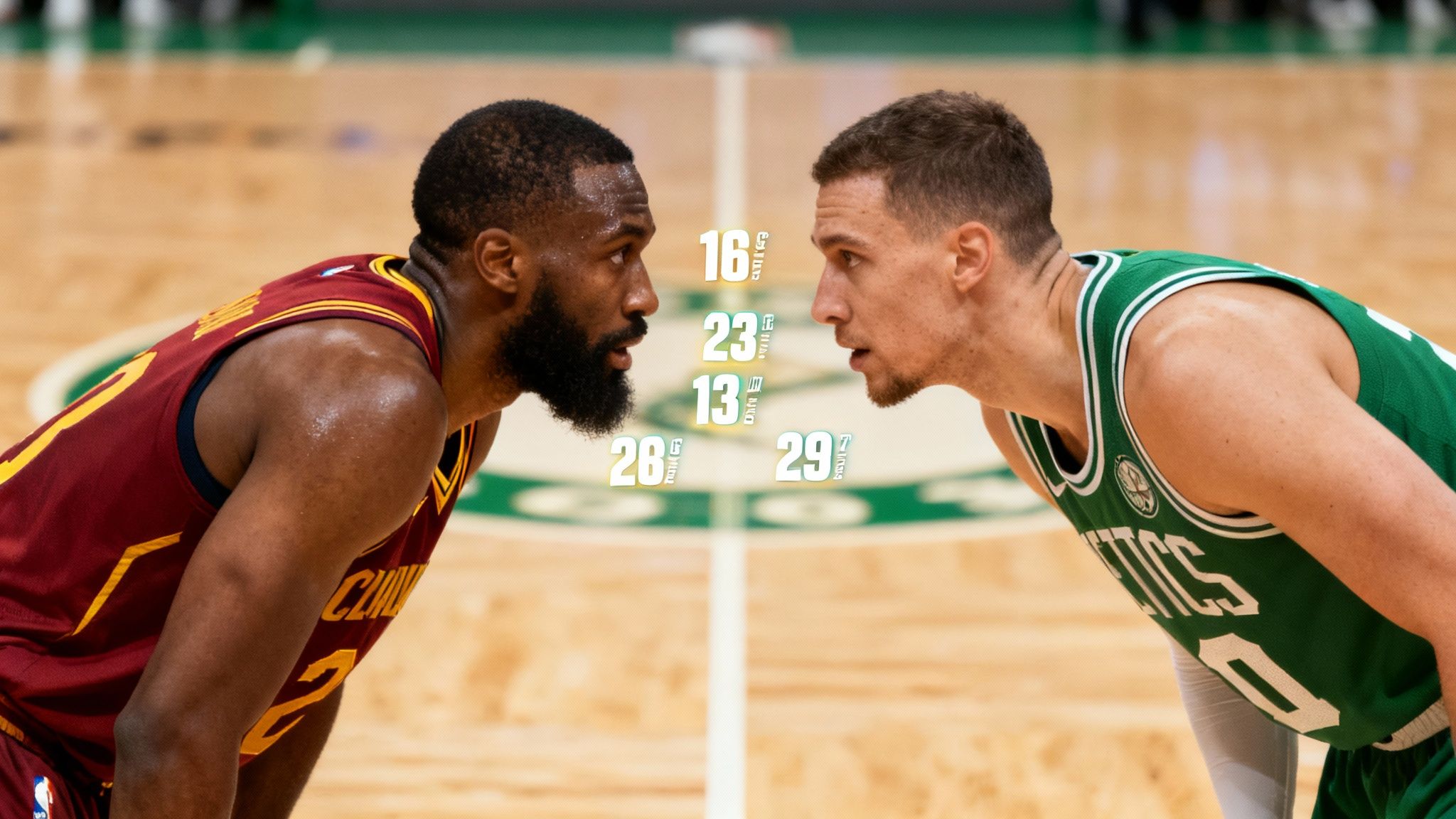 Two basketball players, one from the Cleveland Cavaliers and one from the Boston Celtics, competing for the ball during a game.