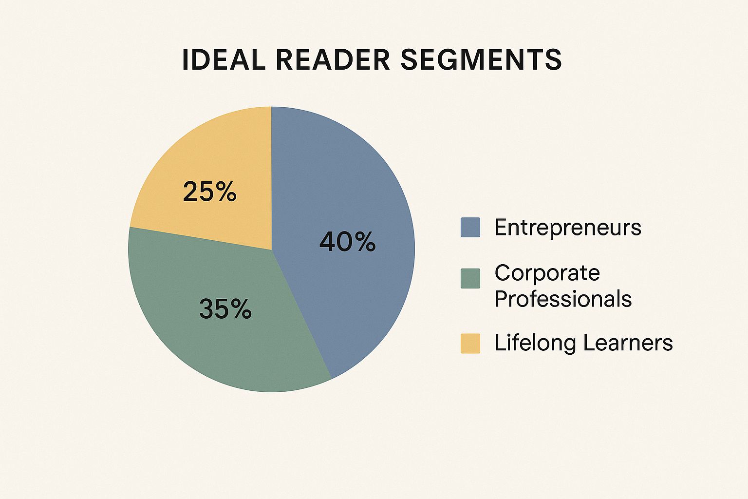 Infographic showing a pie chart of ideal reader segments for digitalconnectmag.com: Entrepreneurs 40%, Corporate Professionals 35%, Lifelong Learners 25%.