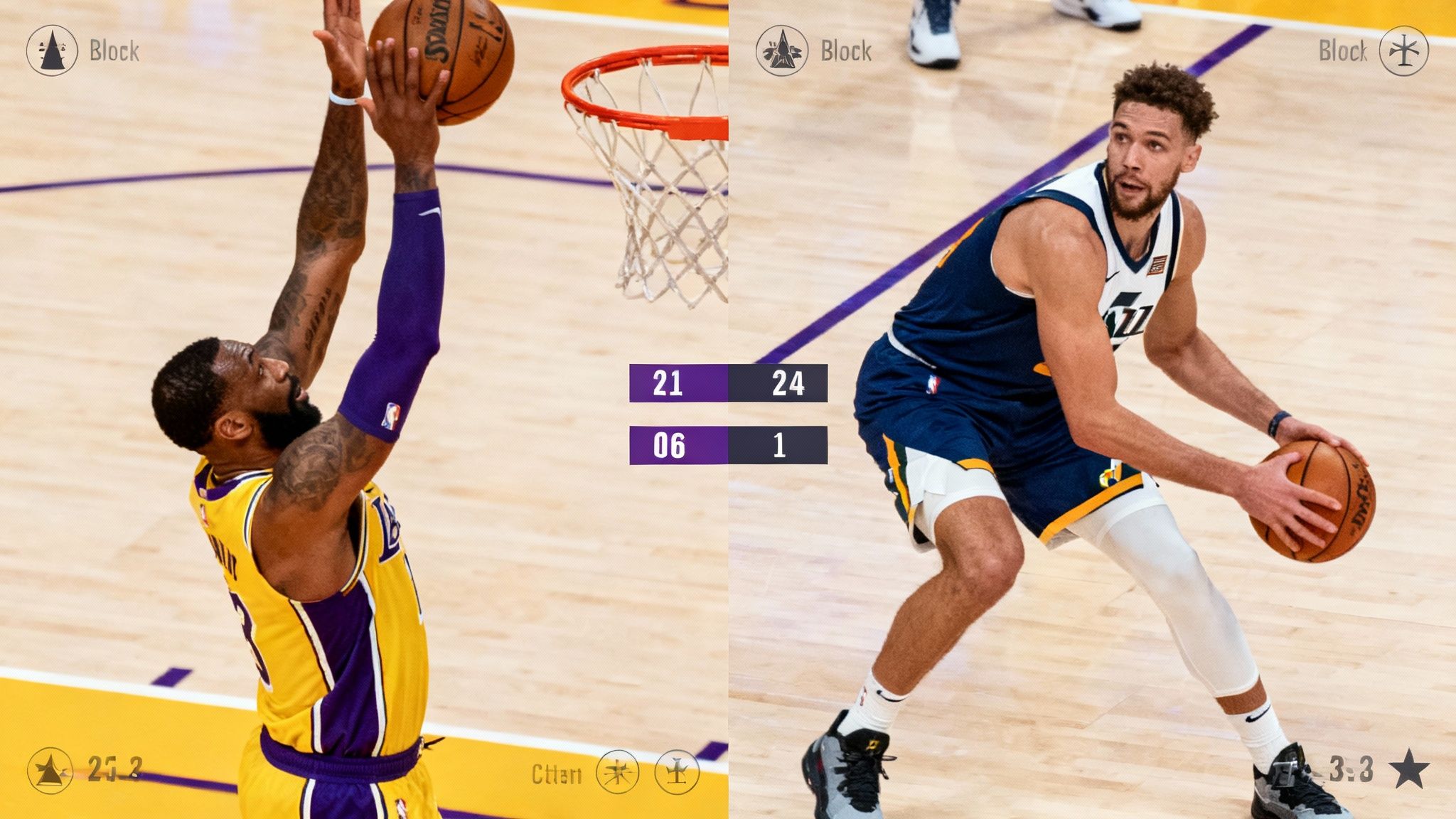 Defensive basketball play between a Laker and a Jazz player.