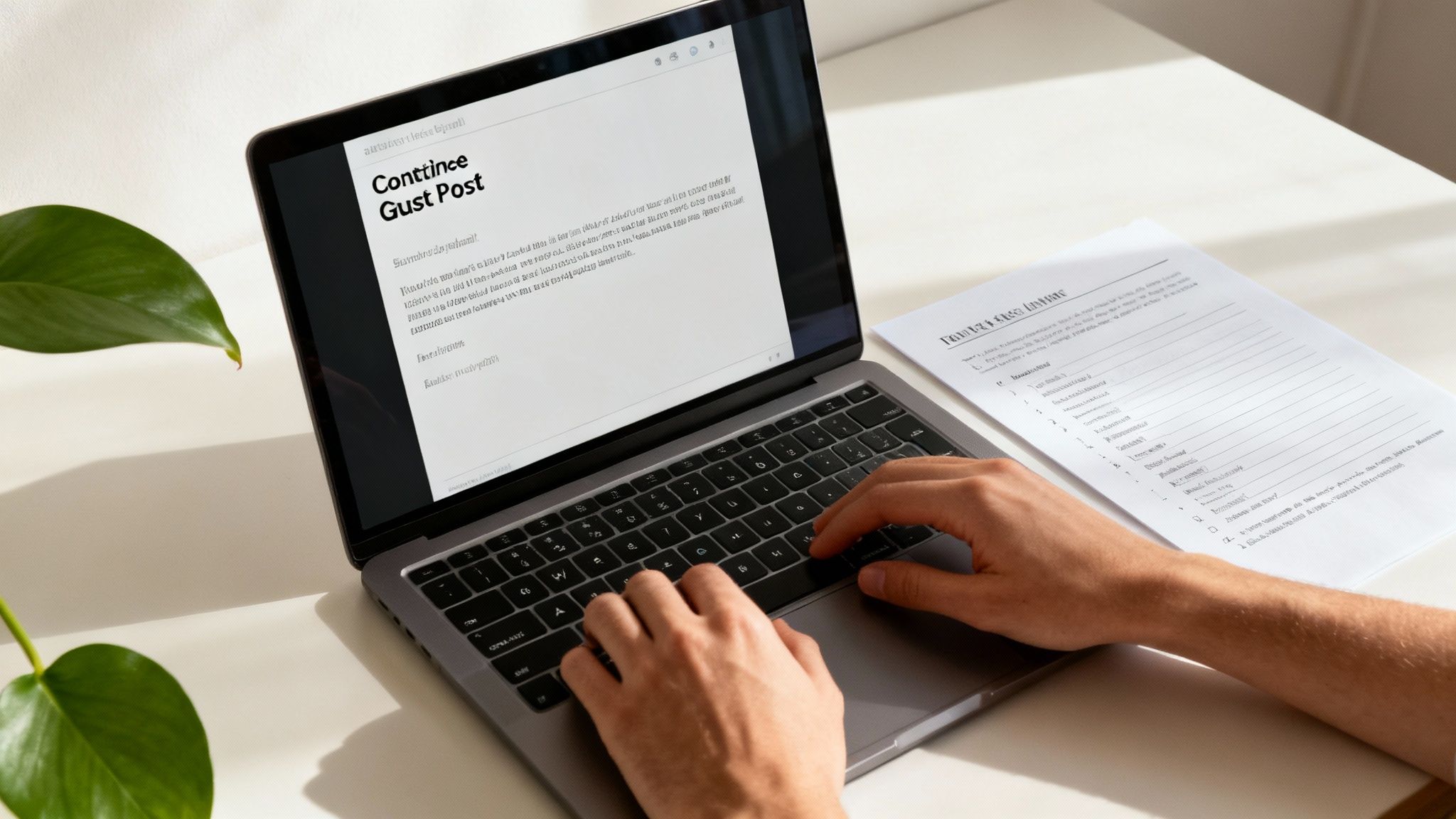 A person's hands typing on a laptop, with a cup of coffee and a notebook nearby.