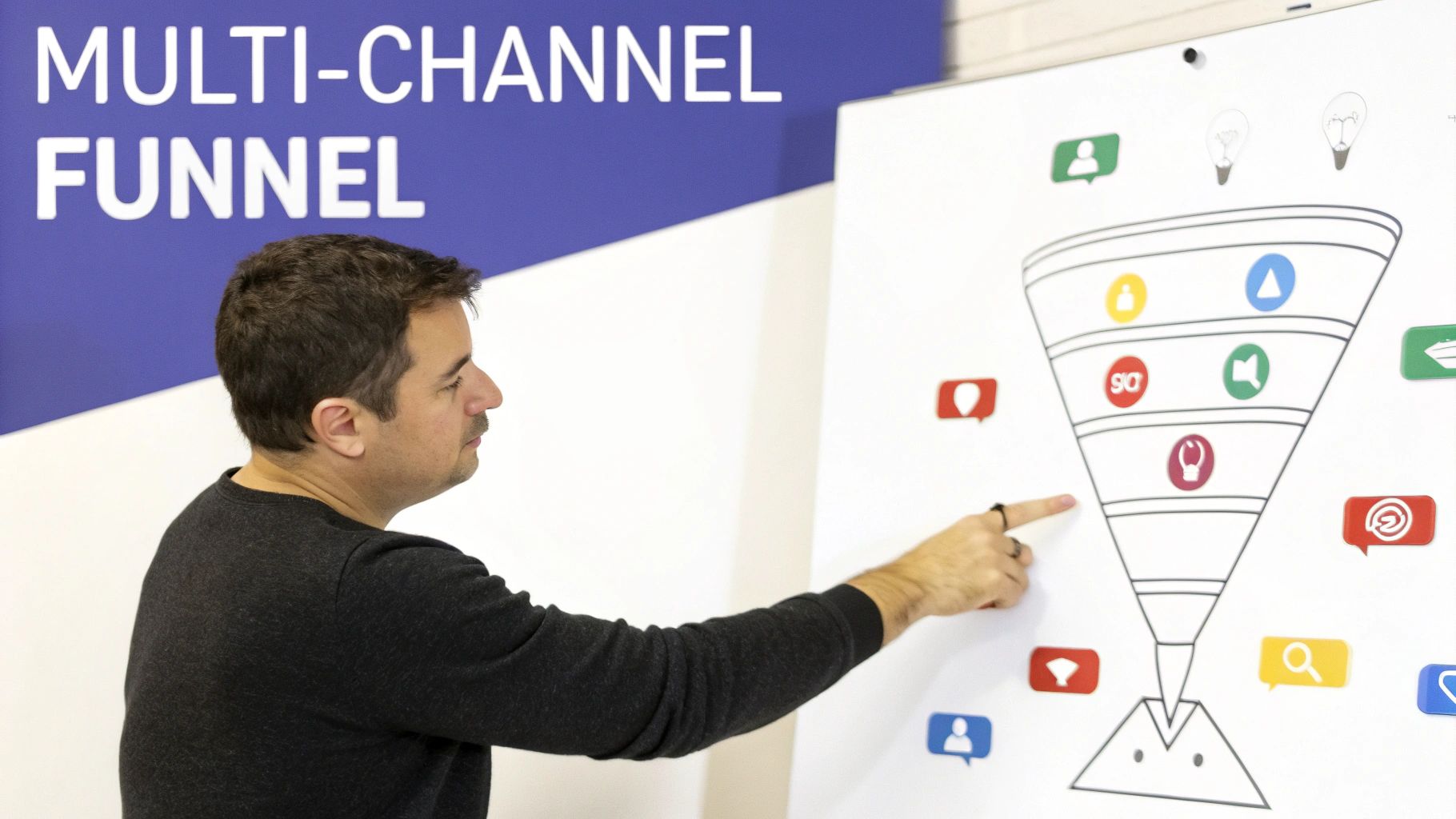 Man pointing at a multi-channel marketing funnel diagram on a whiteboard with various icons.