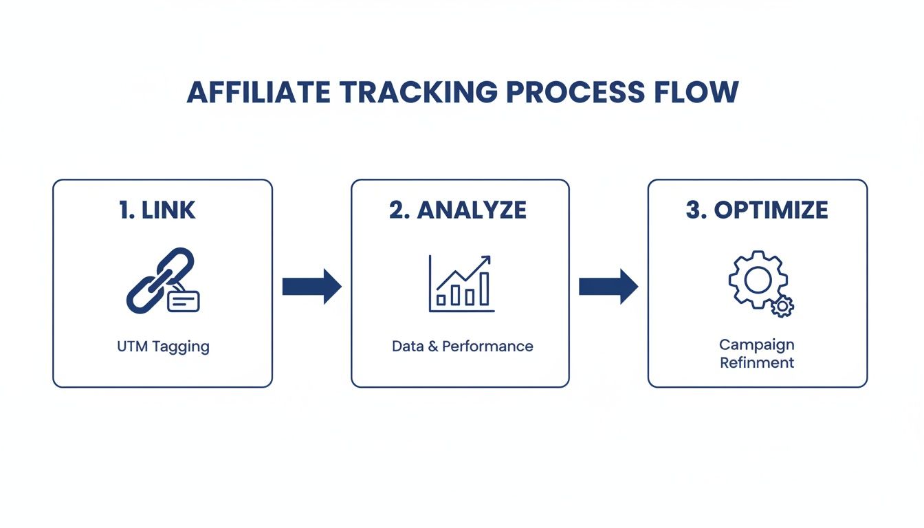 A three-step affiliate tracking process flow showing linking, analyzing, and optimizing campaigns.