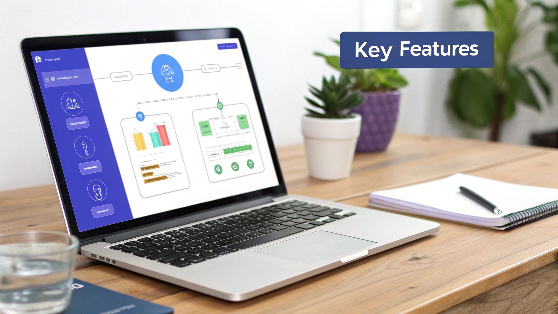 Laptop on a wooden desk showing attribution marketing software, with a 'Key Features' text overlay.