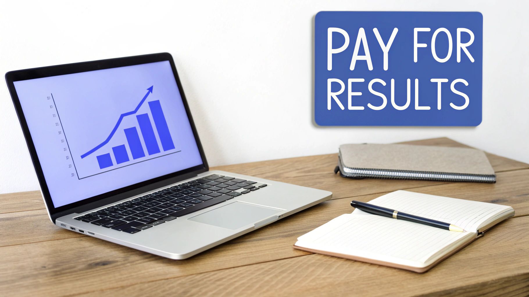 A laptop displaying a rising graph and a 'PAY FOR RESULTS' sign on a wooden desk.