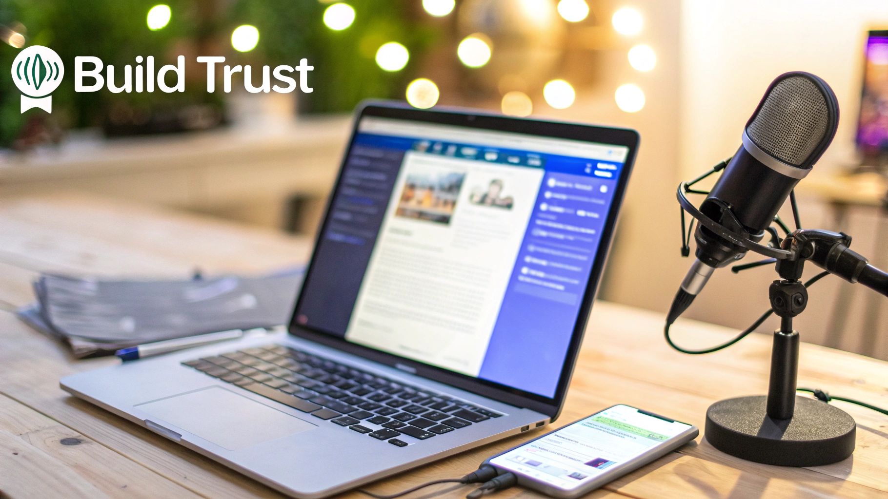 A modern workspace setup with a laptop, smartphone, and podcast microphone on a wooden desk.