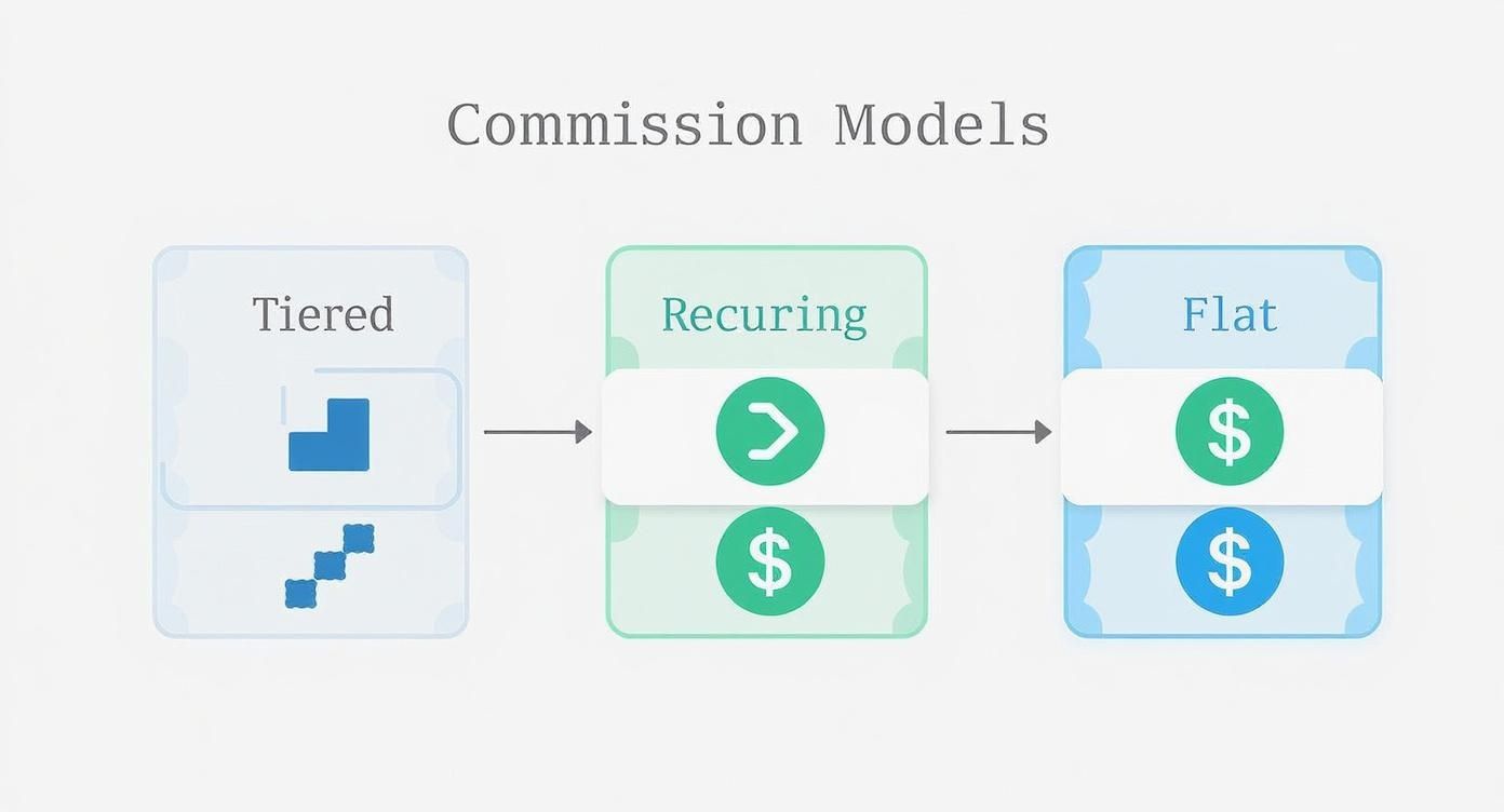 Three commission models diagram showing tiered structure, recurring payments, and flat rate options