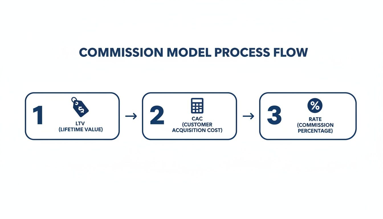 A diagram illustrating a commission model process flow with three steps: Lifetime Value, Customer Acquisition Cost, and Commission Percentage.