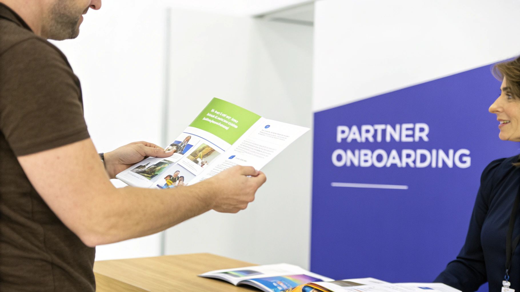 Man reading a brochure at a partner onboarding event with a smiling woman nearby.