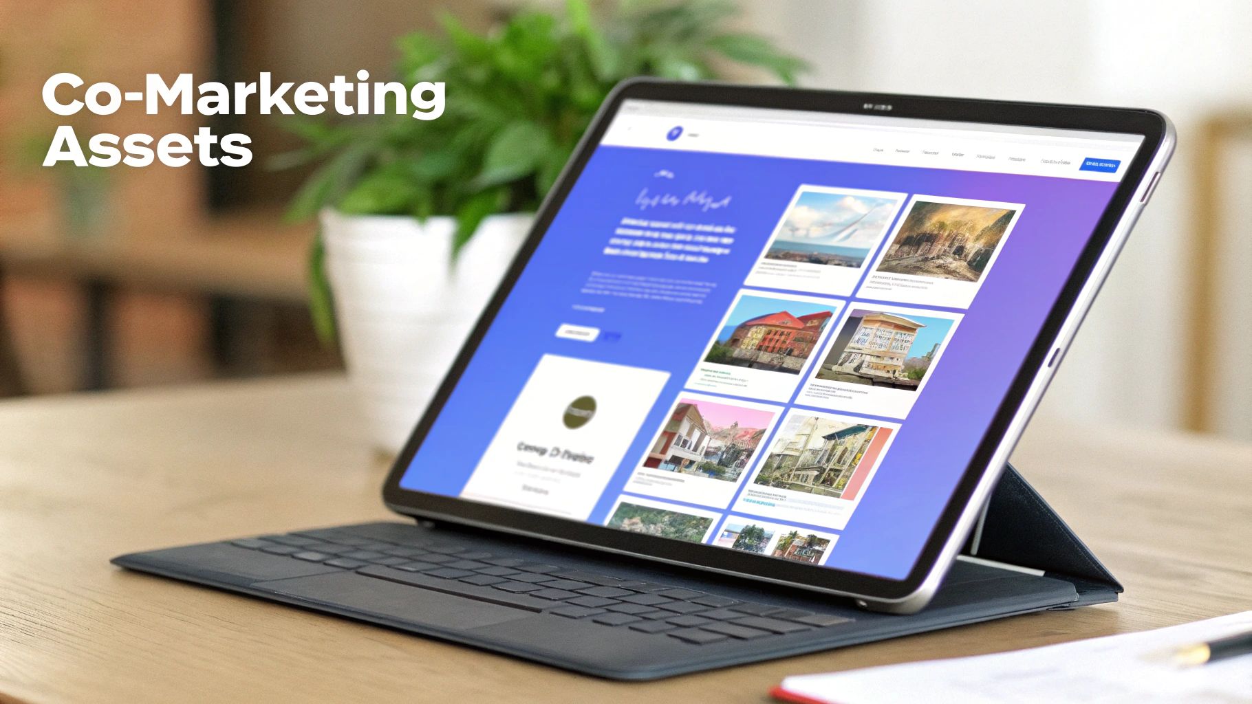 A tablet displaying a 'Co-Marketing Assets' webpage with various building images, on a desk.