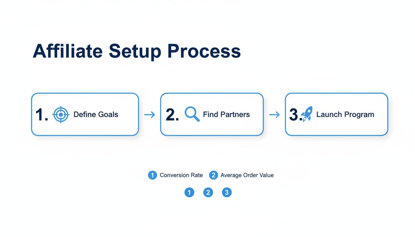 A clear diagram showing the three-step affiliate program setup process: define goals, find partners, and launch program.