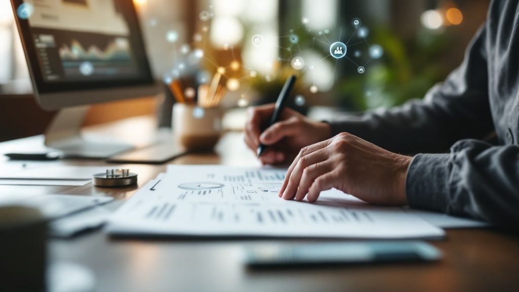 A person at a desk strategically planning an affiliate marketing program on a laptop and whiteboard.