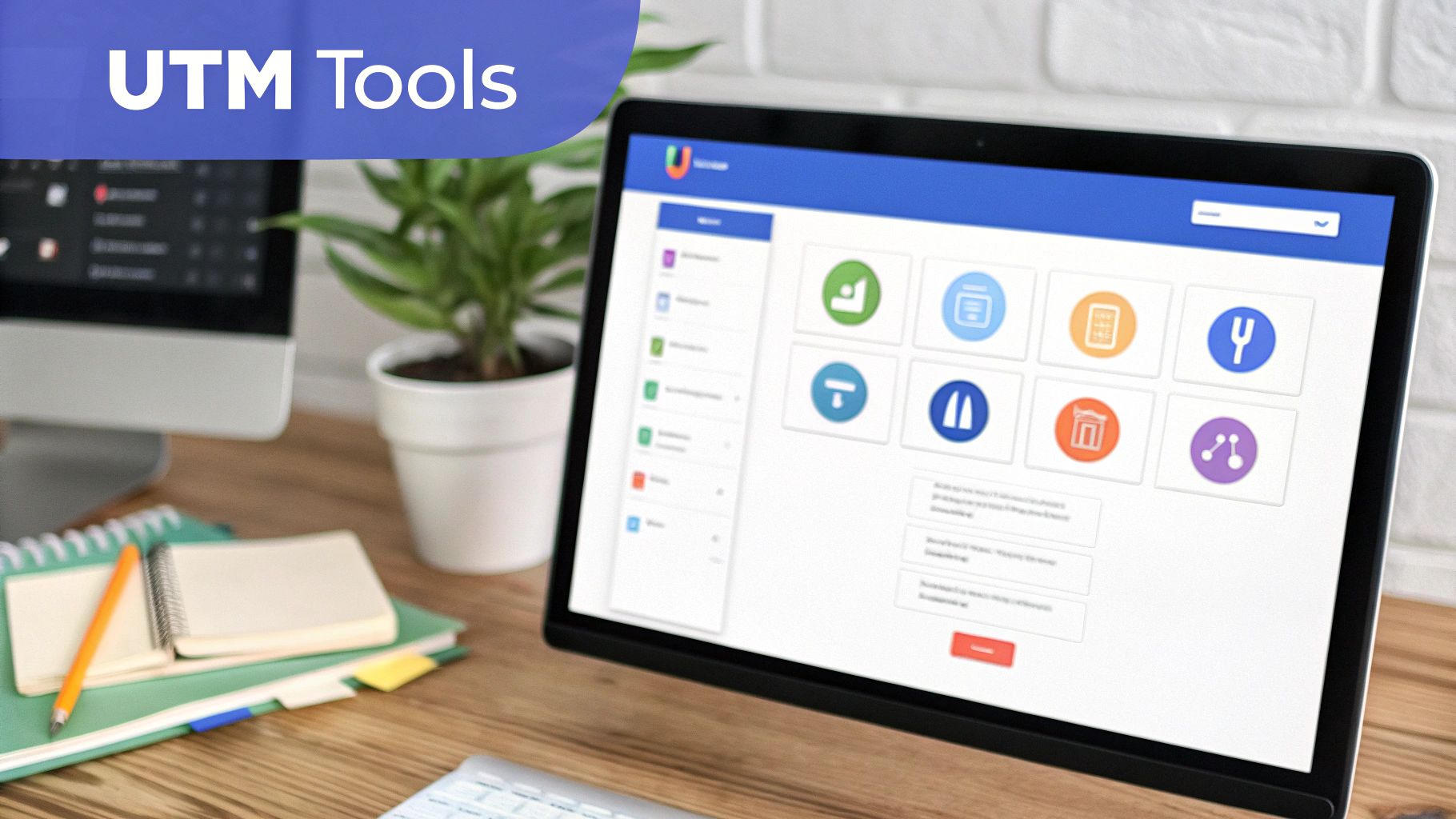 A desk with a laptop displaying a 'UTM Tools' interface, alongside a monitor and notebooks.