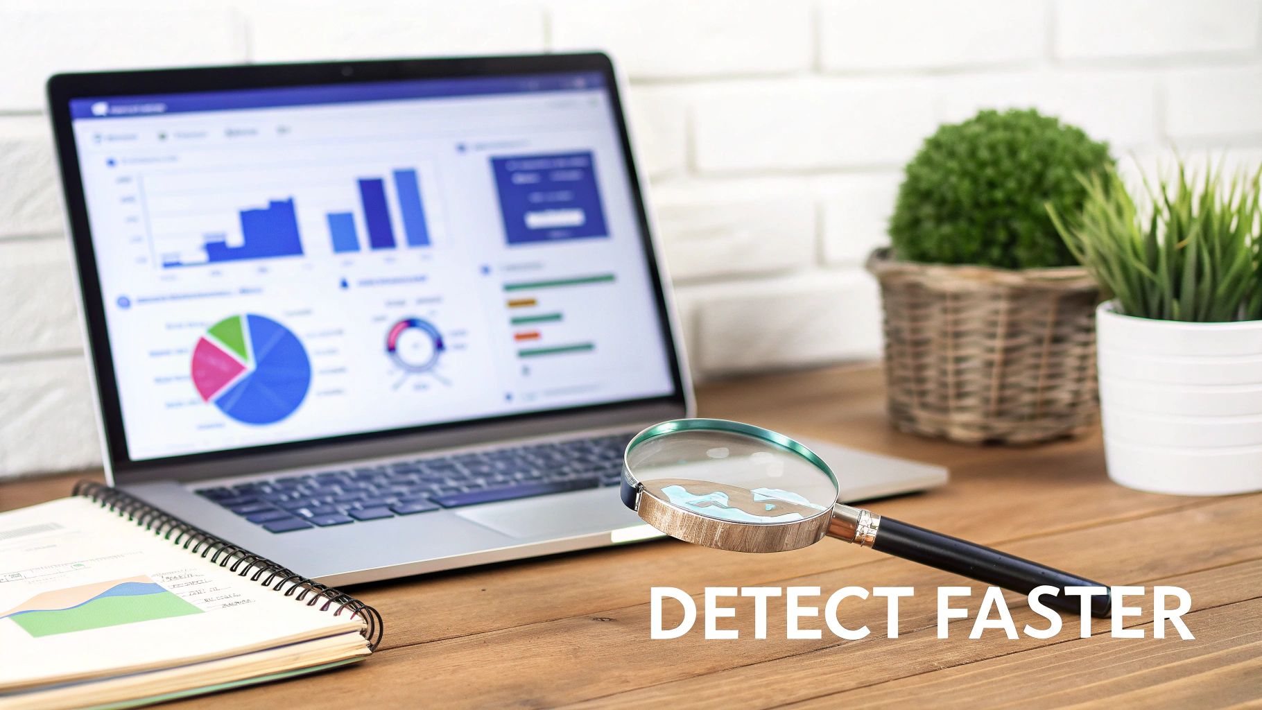 A diverse set of digital tools like a shield, magnifying glass, and fingerprint icon arranged in a toolkit, representing different fraud detection methods.
