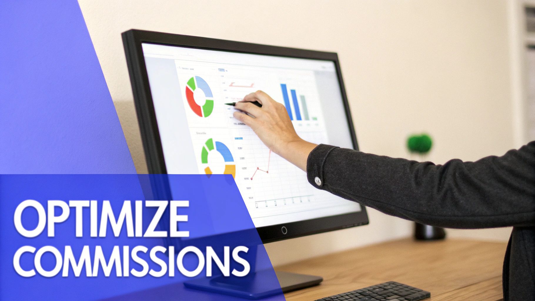A person's hand with a pen pointing at a computer screen displaying sales data and charts to optimize commissions.