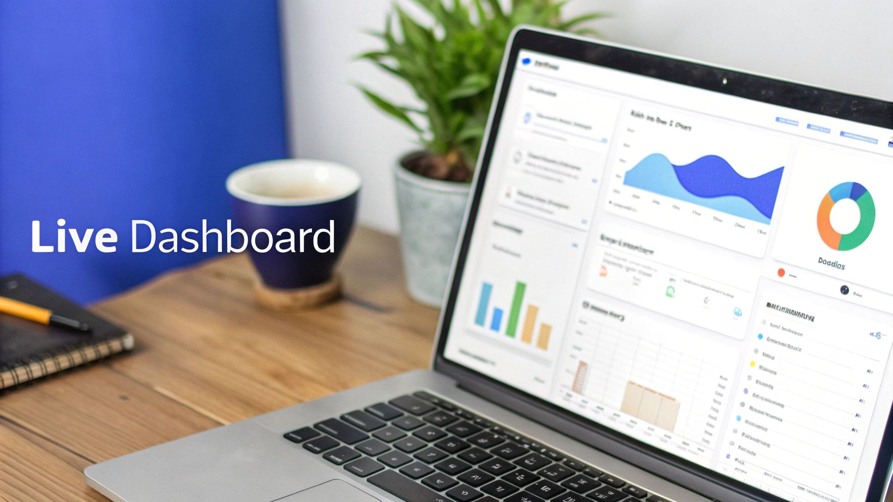A laptop displays a live dashboard with charts and data, alongside a coffee cup on a wooden desk.