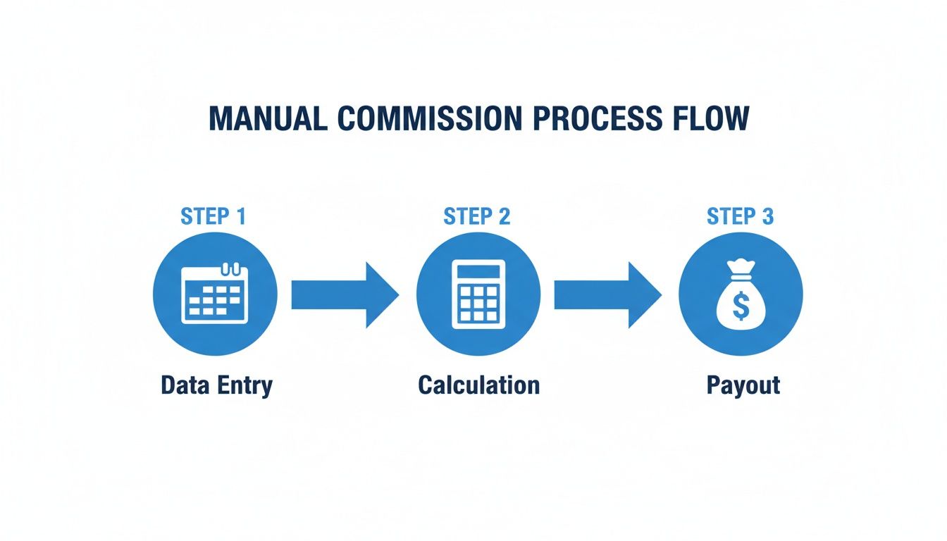 A flowchart illustrates the manual commission process flow, showing steps for data entry, calculation, and payout.