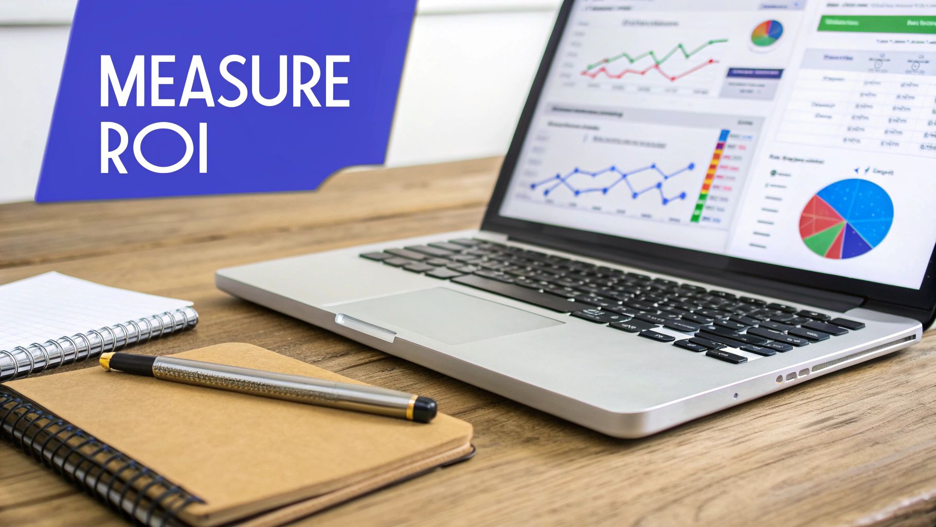 A dashboard showing various analytics and charts representing referral program data and ROI.