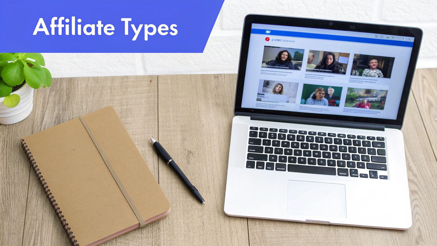 A laptop displaying affiliate marketing content, a notebook, and a pen on a wooden desk, with a 'Affiliate Types' banner.
