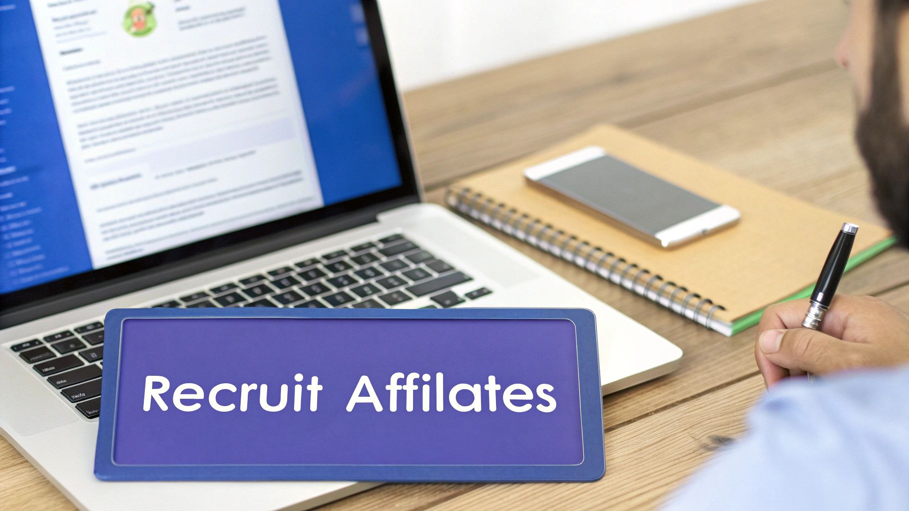 A person uses a laptop on a wooden desk with a 'Recruit Affiliates' sign.