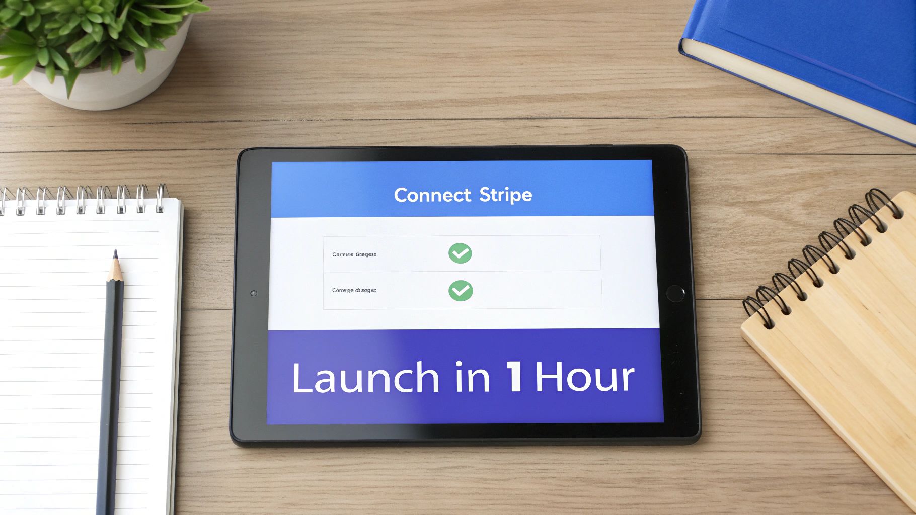 Tablet displaying 'Connect Stripe' and 'Launch in 1 Hour' with green checkmarks on a wooden desk.