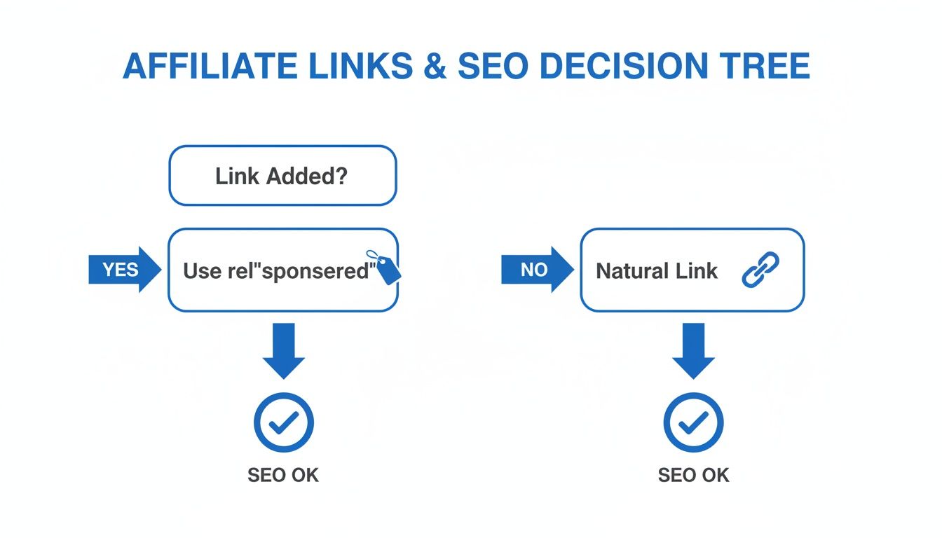Decision tree outlining SEO best practices for managing affiliate links and natural links.